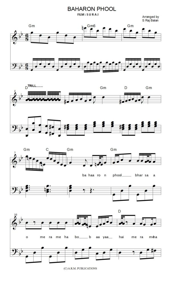 BAHRON PHOOL BARSAO PIANO SHEET MUSIC