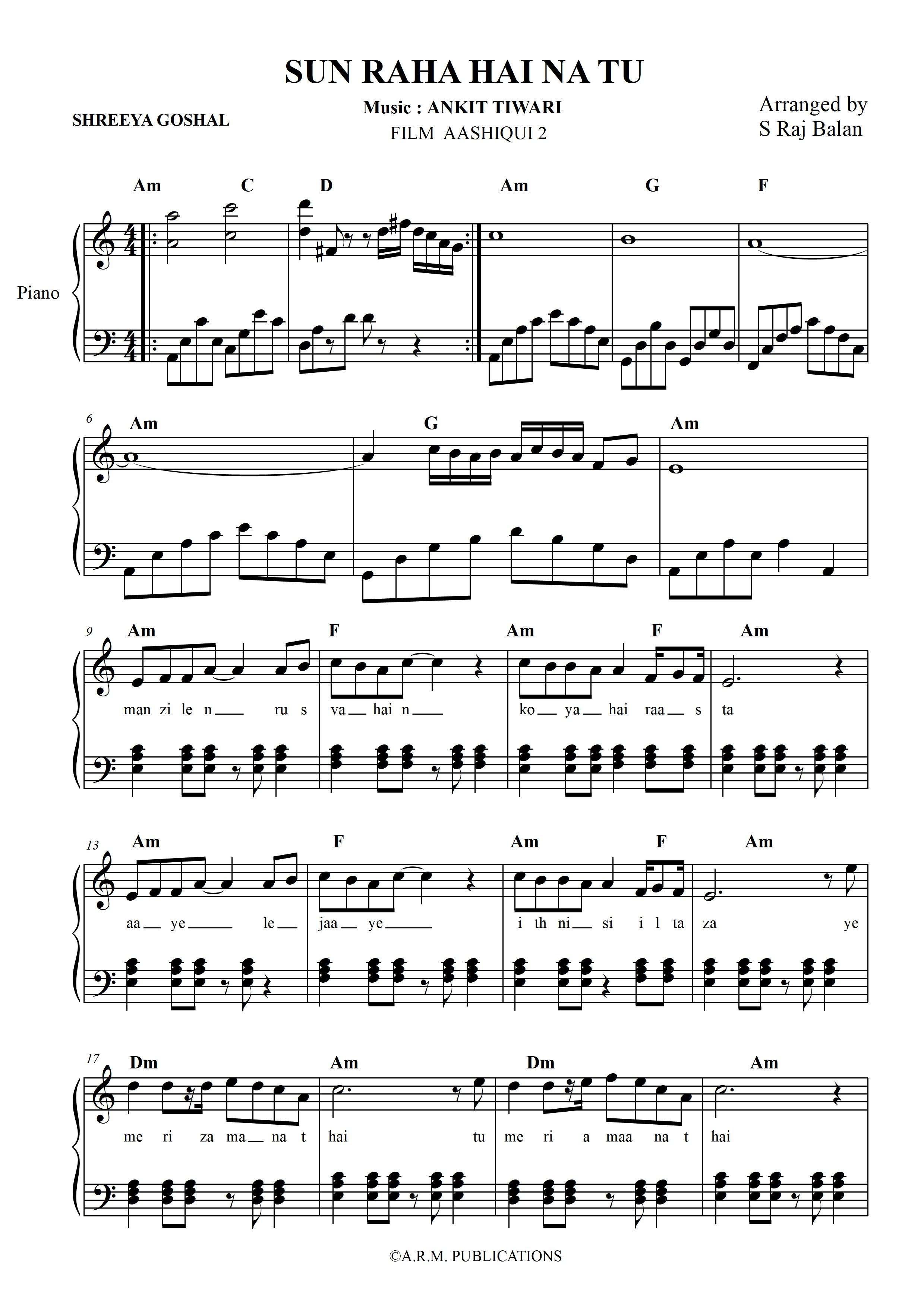 aashiqui 2 song piano music sheet
