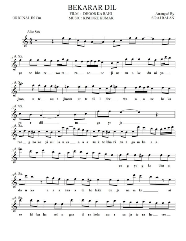 BEKARAR DIL alto sax sheet music