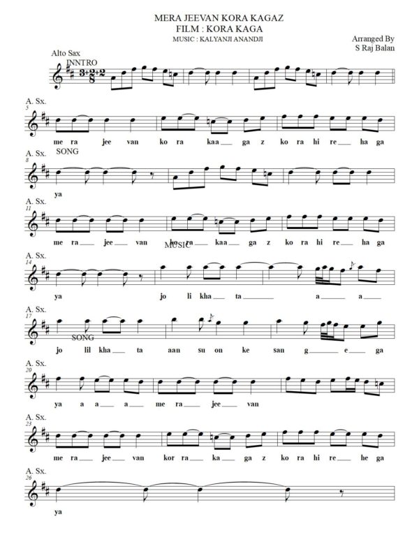 MERA JEEVAN alto sax sheet music