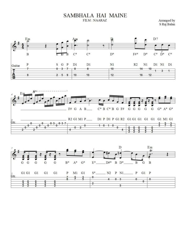 SAMBHALA HAI MAINE keyboard guitar sheet music